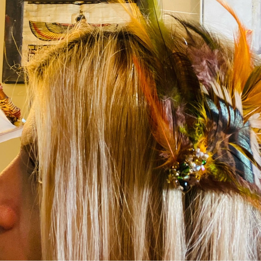 Feather Hair Clip with Crystal Accent - Brown & Green colors Handmade - Picture 2 of 5